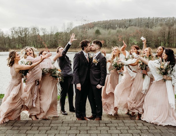 Couple with bridesmaids